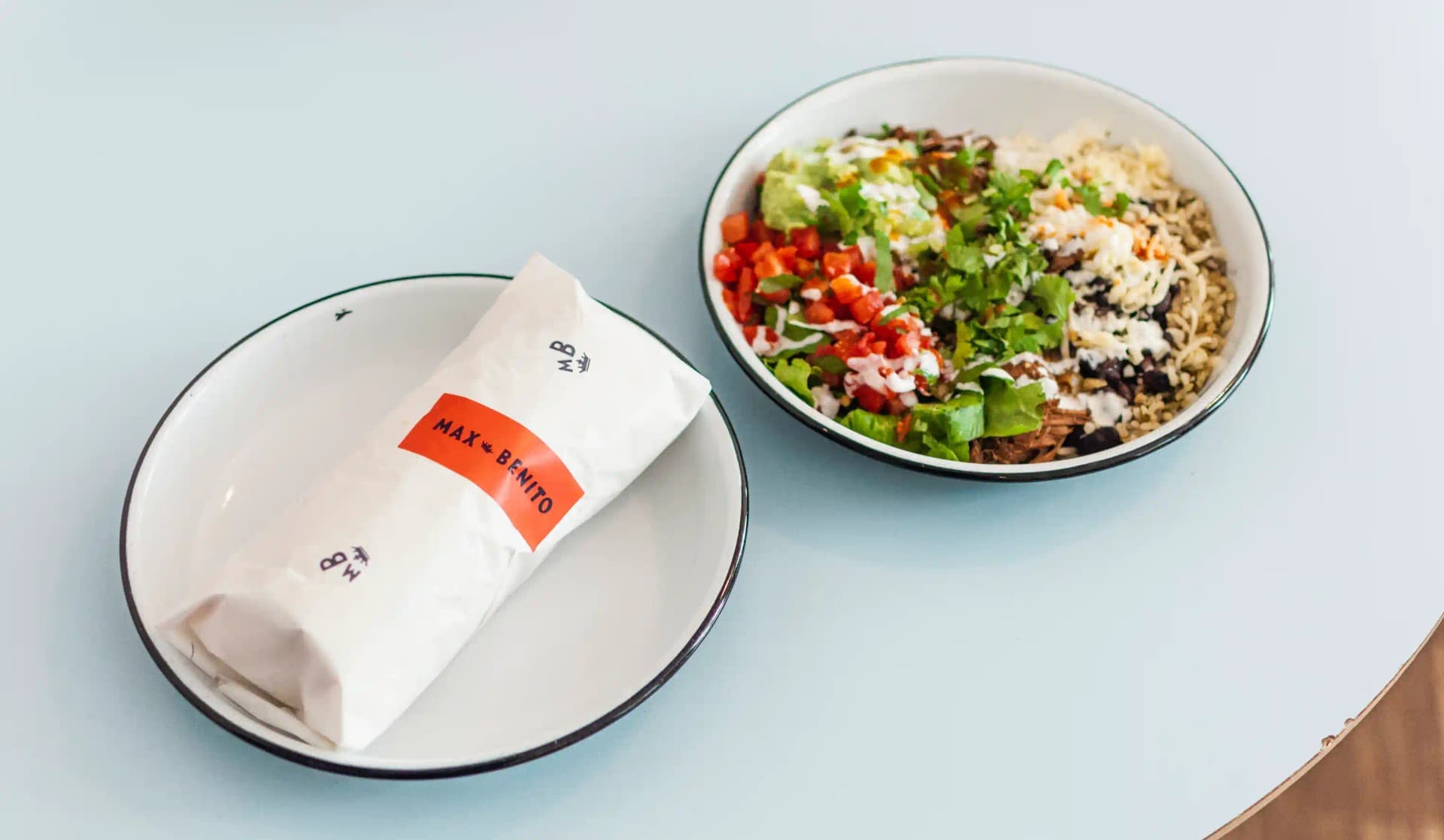 Max & Benito burrito bowl with fresh ingredients